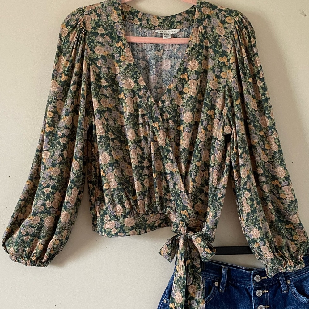 American Eagle Green and Brown Wrap Blouse